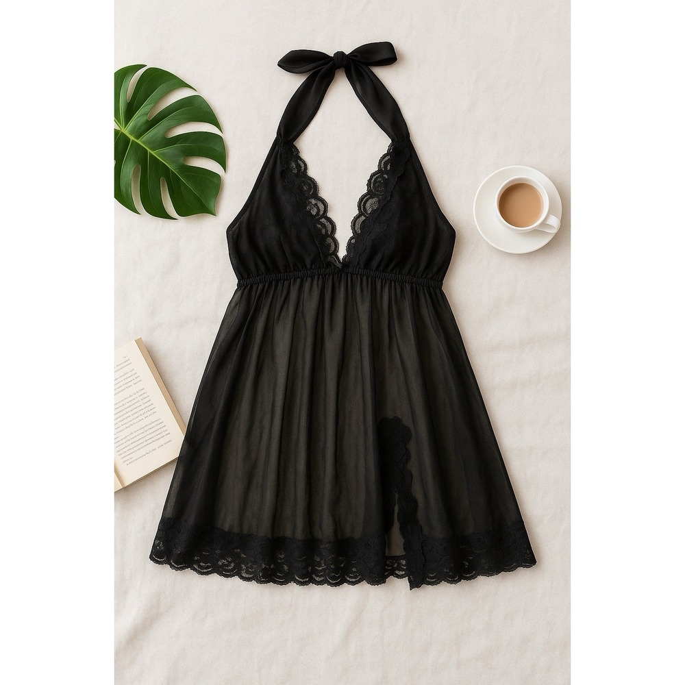 Fredericks Slip Chemise Womens XL Black Lace Halter Babydoll Lingerie Nightgown